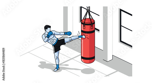Isometric boxing training: athlete kicking punching bag in gym setting