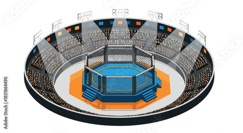 Dynamic isometric view of a vibrant octagonal cage in a bustling arena