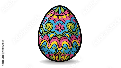 Vibrantly patterned holiday egg illustration featuring intricate folk art designs and cheerful spring colors, perfect for festive seasonal projects