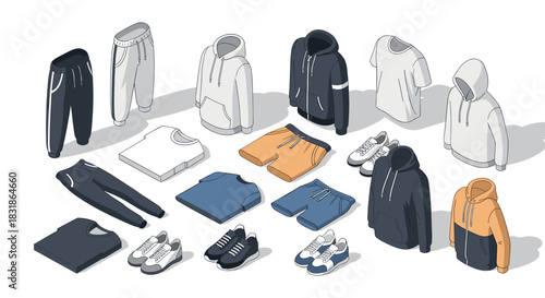 Isometric casual clothing set with hoodies, t-shirts, joggers, and sneakers on white background