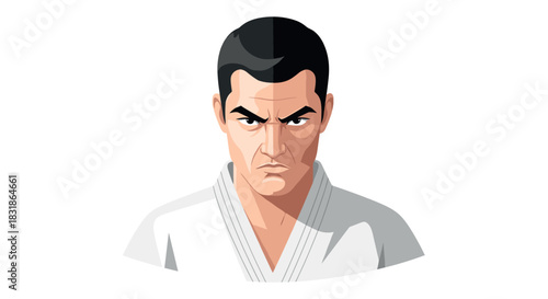 Fierce martial artist portrait with intense expression in flat design