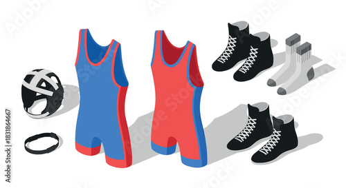 Wrestling gear set with isometric singlets, shoes, and accessories on white background