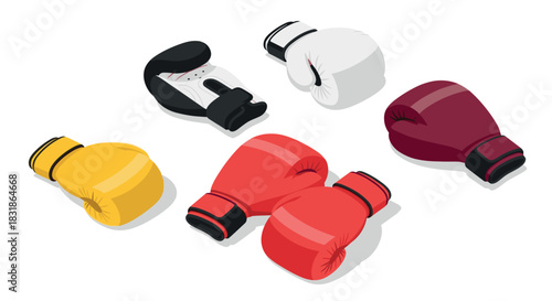 Colorful collection of boxing gloves in isometric style on white background