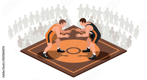 Competitive wrestling showdown with audience in isometric style