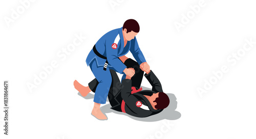 Bjj fighters in action: grappling on the floor with dynamic flat design