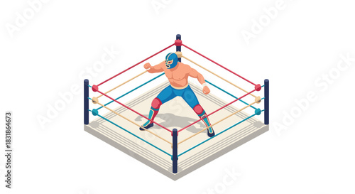 Isometric wrestling ring with luchador wrestler in action pose