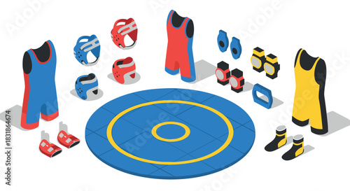 Isometric wrestling gear and mat set with outfits, helmets, and accessories