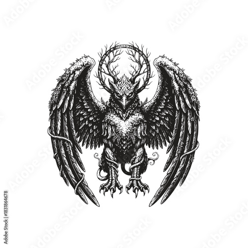 Dark fantasy creature vector illustration. An intimidating mythical griffin or beast with large detailed wings, deer antlers forming a wreath, and a forest or nature theme