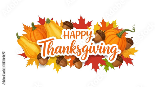 Heartwarming Thanksgiving holiday greeting card with colorful fall foliage, rich squash, and acorns, perfect for festive celebrations and seasonal gratitude