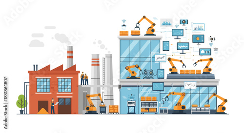 Modern automated factory contrasted with traditional industrial building.