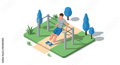 Man exercising in outdoor park with pull up bars in isometric style