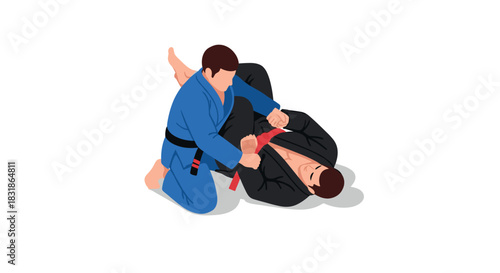 Martial arts grappling technique in flat design: two practitioners demonstrating jiu jitsu