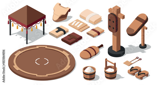 Traditional sumo wrestling gear and accessories in isometric style on white background