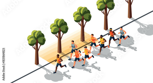 Runners on park path in isometric style amid trees and shadows
