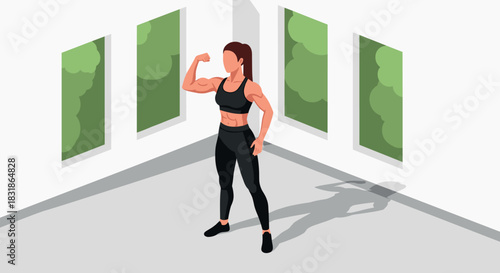 Isometric fitness woman posing in modern gym environment with large windows
