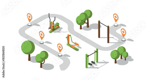 Outdoor fitness park with exercise equipment and nature elements in isometric design