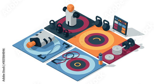 Isometric gym equipment set with colorful workout mats and weights