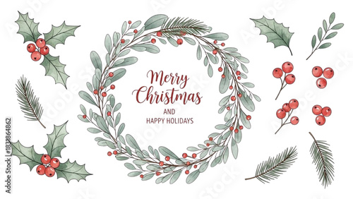 Festive Christmas Wreath with Holly and Berries, Merry Christmas Message