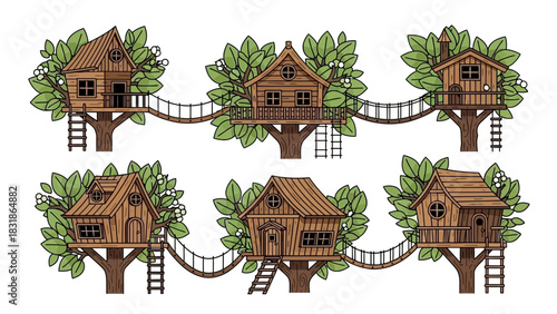 Illustrated Set of Wooden Treehouses Connected by Rope Bridges Charming Structures in Nature