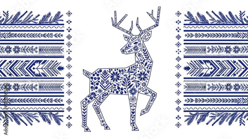 Elegant floral deer design for unique Scandinavian Christmas cards and festive winter holiday projects