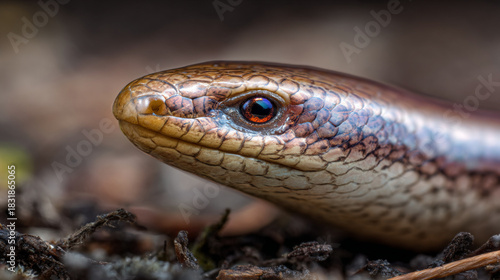A close up of a slow worm's head showing its scales and eye in a natural setting with blurred background