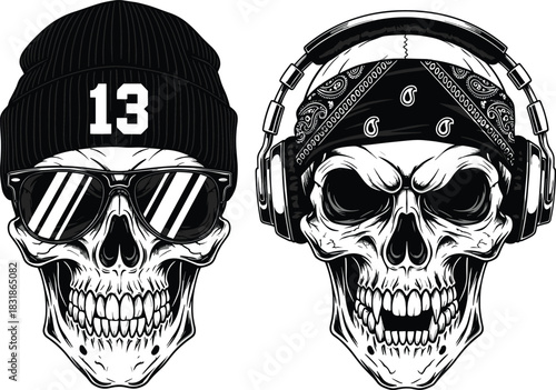 Set of two aggressive gangster skulls wearing sunglasses, beanie hat, bandana, and headphones, detailed black and white street style vector illustration for t-shirt design or apparel.