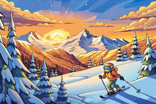 Skiing at sunset on a mountain rolling over snowy landscapes, the dramatic golden light of winter peaks illuminates the outdoor adventure sports scene that captures the beauty of the Alps.