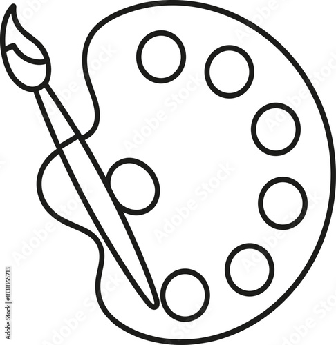 Simple vector line art illustration of an artist's color palette with circular paint wells and a brush, representing creativity, fine art, painting, design, and artistic expression concepts.