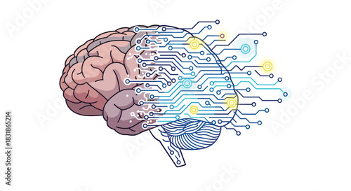 Human Brain Merging with Digital Technology and Circuits.