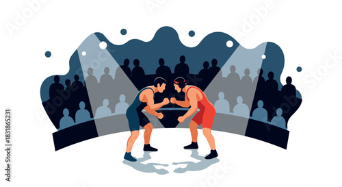 Dynamic wrestling match illustration with competing athletes under spotlight
