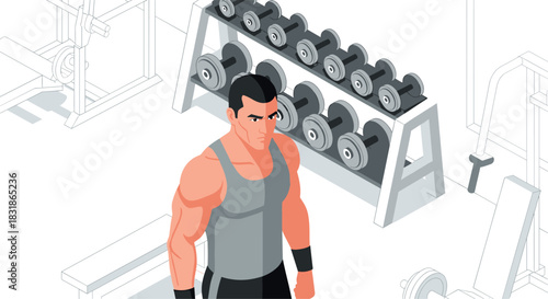 Fitness enthusiast in modern gym with dumbbells and equipment