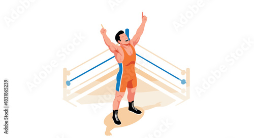 Wrestling champion victory pose in the ring celebrating success