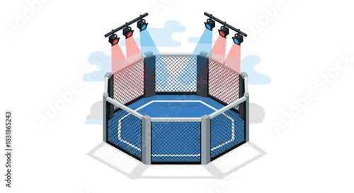 Isometric mixed martial arts cage with lights and cloudy background