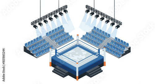 Modern isometric boxing arena with empty seats and overhead lighting