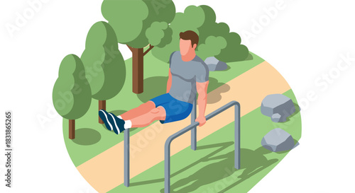 Isometric outdoor workout: man exercising on parallel bars in park setting