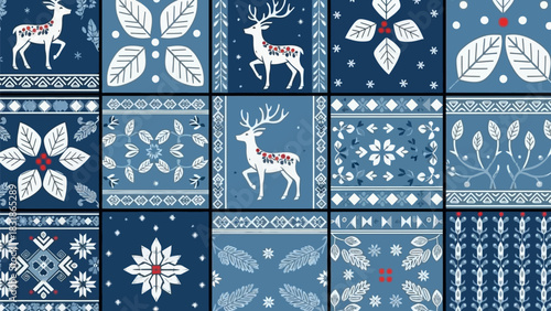 Elegant Nordic Christmas pattern with reindeer and floral elements conveys a festive winter holiday season
