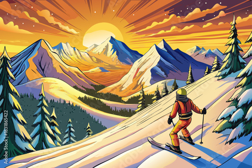 Skiing at sunset on a mountain rolling over snowy landscapes, the dramatic golden light of winter peaks illuminates the outdoor adventure sports scene that captures the beauty of the Alps.