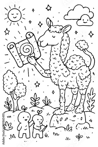 Cute Llama with Cat and Dog Friends in Garden Coloring Page for Kids Animal Friendship Activity Printable Line Art