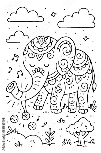 Beautiful Decorated Elephant with Floral Patterns in Nature Coloring Page for Kids Adult Detailed Activity Printable Line Art
