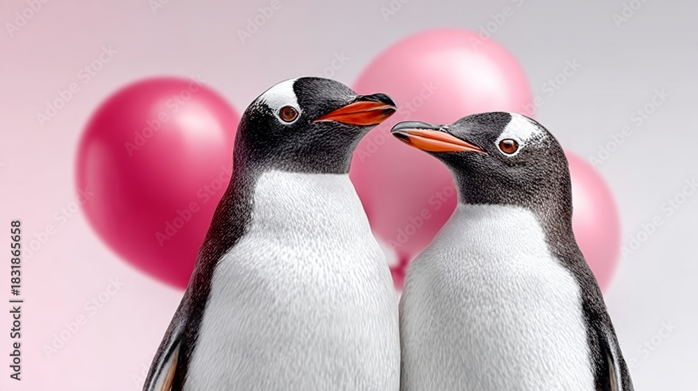 Obraz premium Two penguins are standing next to each other with a pink balloon in the background. Concept of love and affection between the penguins, as they are close to each other