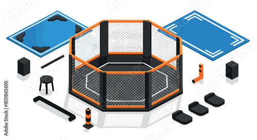 Isometric mixed martial arts cage with equipment and training mats