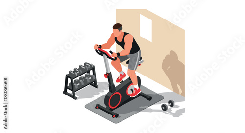 Fitness enthusiast on exercise bike with dumbbells in home gym