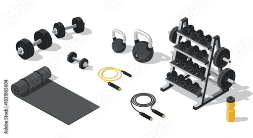 Stylish isometric gym equipment set with dumbbells, kettlebells, and more