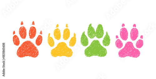 Hand drawn crayon sketch of different animal paw icon logo flat vector design