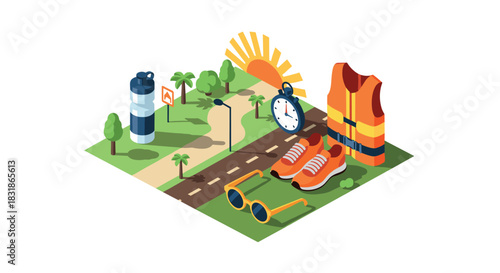 Isometric summer fitness scene with running gear and nature elements