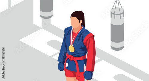 Female martial artist in blue and red gi with gold medal in boxing gym setting
