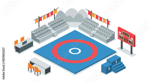 Colorful isometric wrestling arena with seating and scoreboard