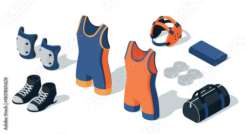 Isometric wrestling gear set with shoes, protective pads, and sportswear