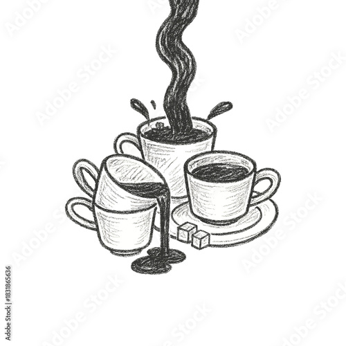 Hand-Drawn illustration of coffee poring on cup, Overflowing Coffee Cups Sketch icon logo flat vector design