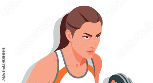 Determined woman holding dumbbell in athletic pose on white background